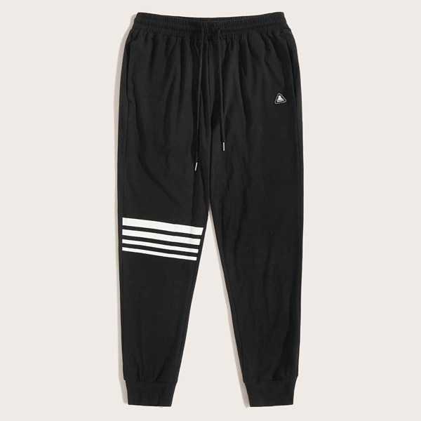 

Men Drawstring Waist Patch Detail Striped Sweatpants