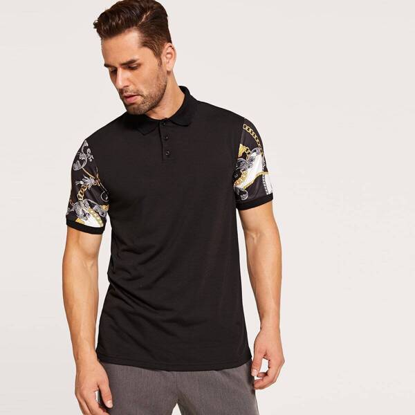 

Men Chain Print Sleeve Polo Shirt