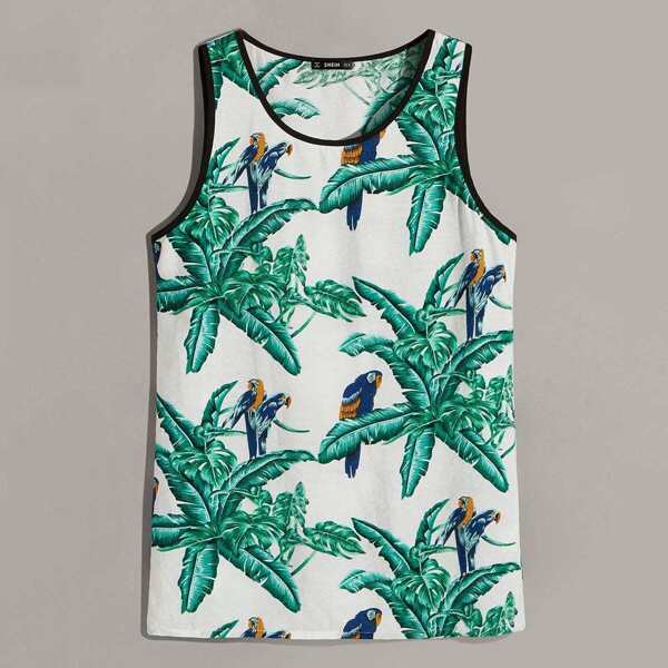 

Men Jungle & Parrot Print Ringer Tank Top, Multicolor