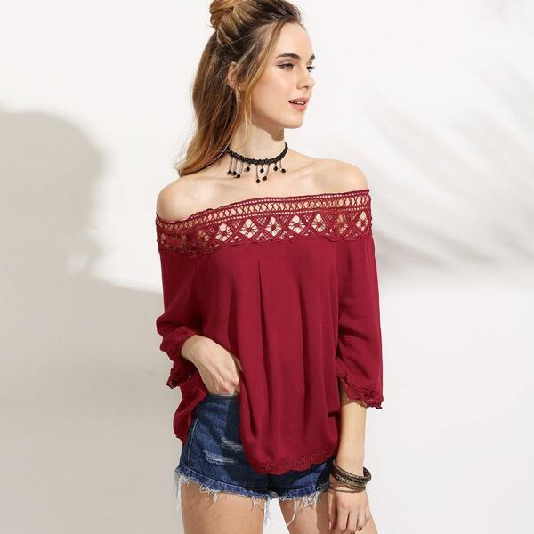 

Off Shoulder Lace Crochet Insert Trim Top, Burgundy
