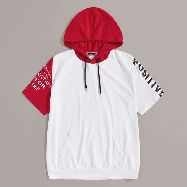 

Men Color-block Letter Drawstring Hooded Tee