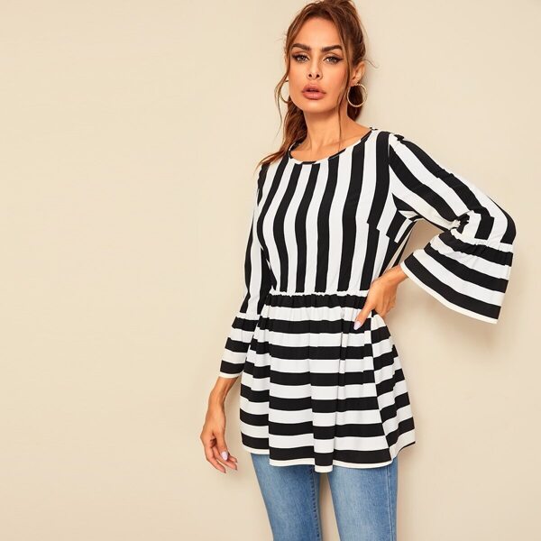 

Flounce Sleeve Striped Top, Black and white