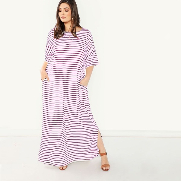 

Plus Pocket Side Curved Hem Striped Dress