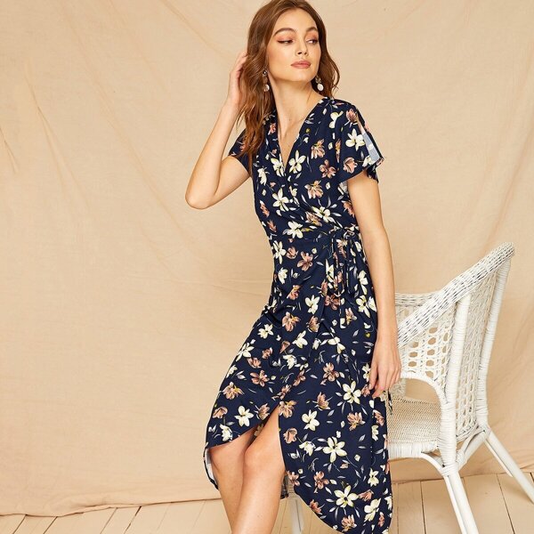 

Floral Print Surplice Dress, Navy blue