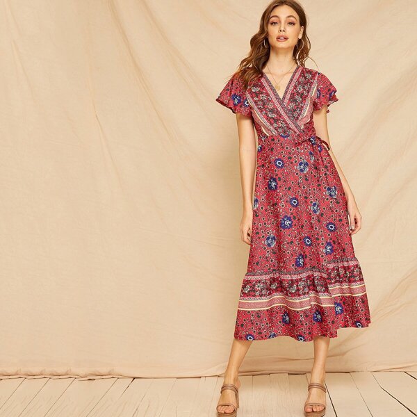 

V-neck Floral Print Surplice Dress, Red