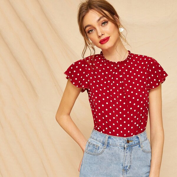 

Butterfly Sleeve Polka Dot Frill Blouse, Burgundy