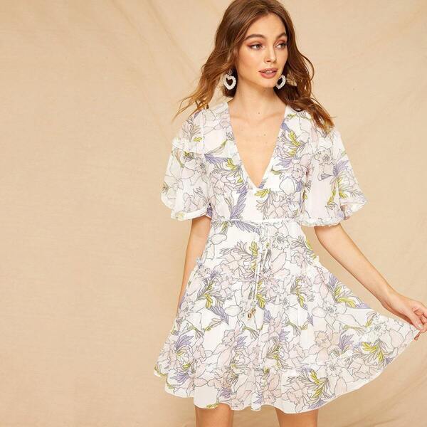 

Floral Print Ruffle Hem V-cut Back Dress, White