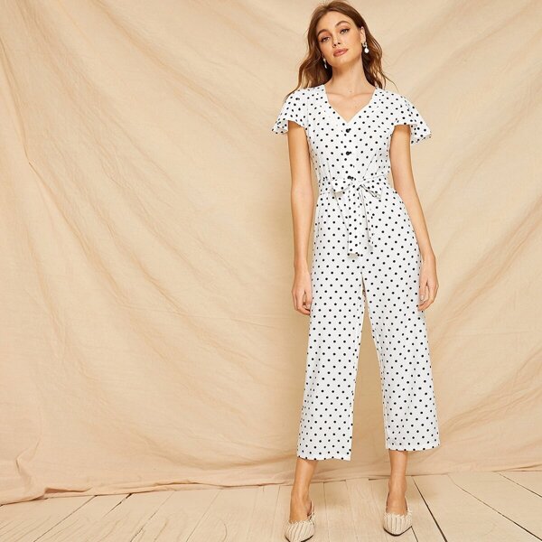 

Button Polka Dot Self Tie Jumpsuit, Black and white