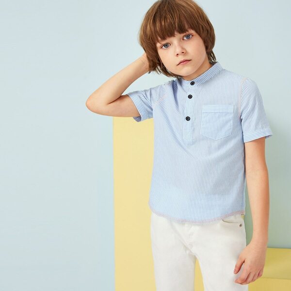 

Boys Pocket Patched Buttoned Half Placket Striped Shirt, Blue