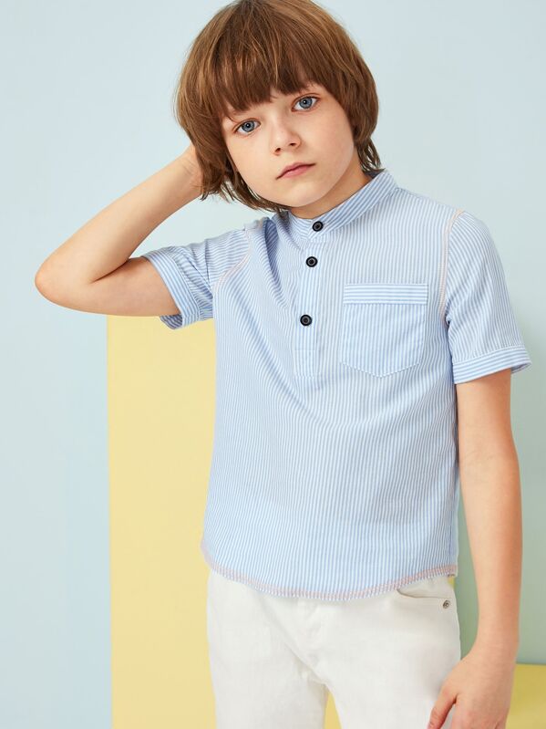 

Boys Pocket Patched Buttoned Half Placket Striped Shirt, Blue, Efim