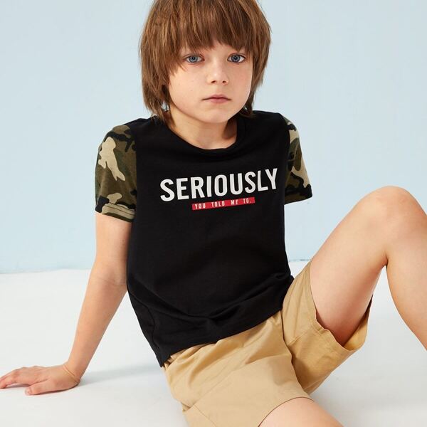 

Boys Camo Sleeve Letter Print Tee, Black