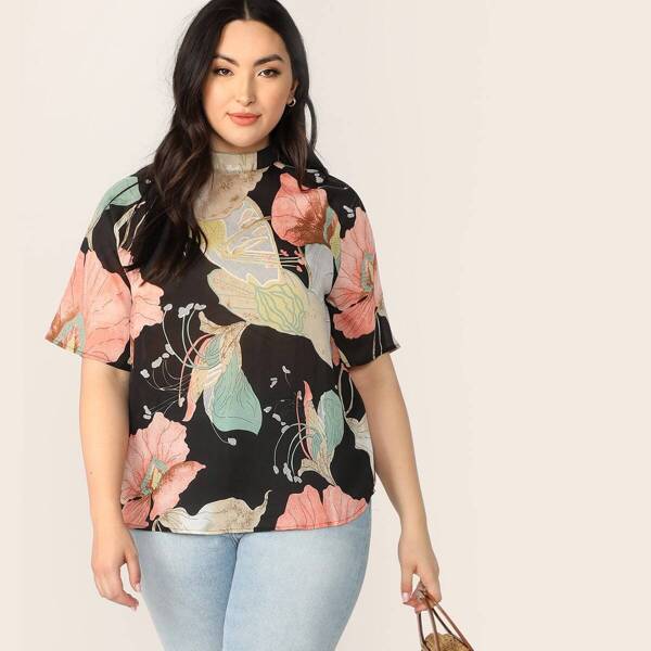 

Plus Mock-Neck Keyhole Back Floral Print Top, Multicolor