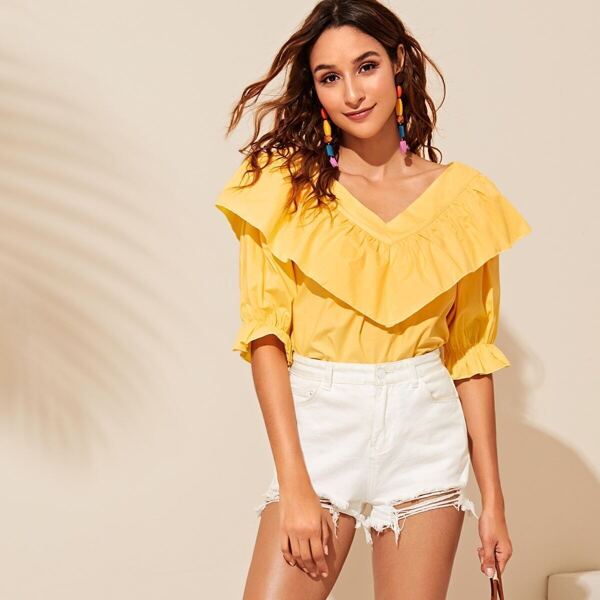 

V Neck Ruffle Trim Solid Top, Yellow