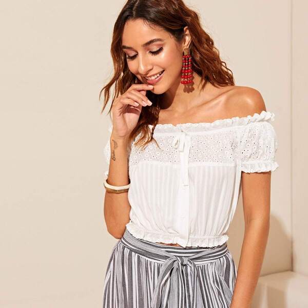

Frilled Off Shoulder Button Up Schiffy Bardot Top, White