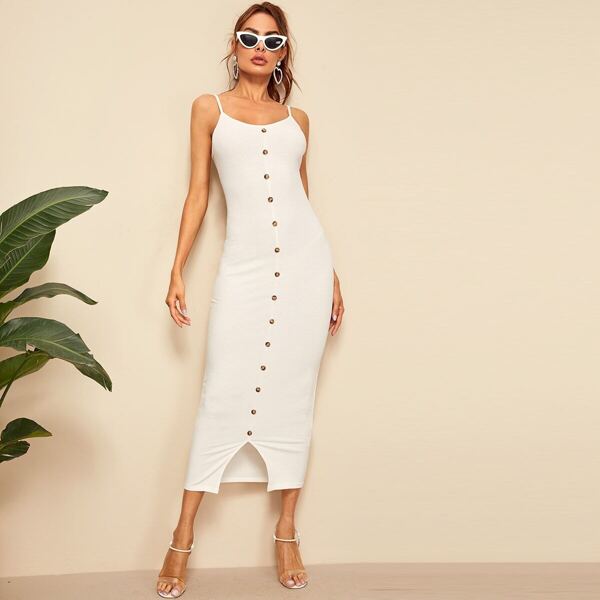 

Button Up Split Rib-knit Cami Dress, White