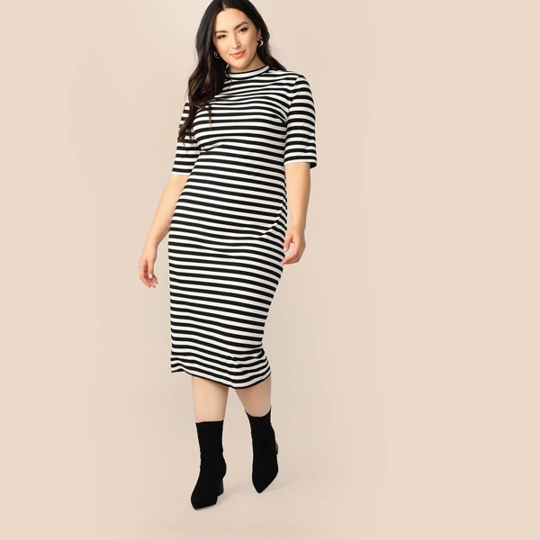 

Plus Mock-neck Striped Pencil Dress
