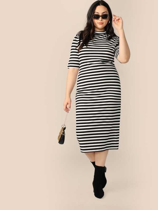 

Plus Mock-neck Striped Pencil Dress, Black and white, Yumi
