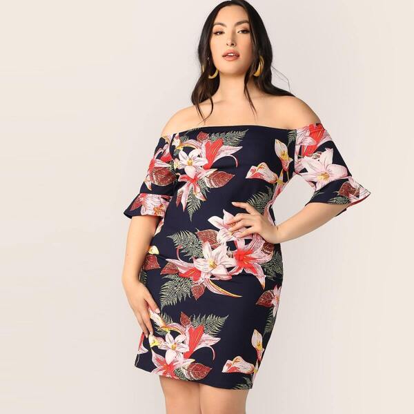 

Plus Bell Sleeve Floral Print Bardot Dress, Multicolor