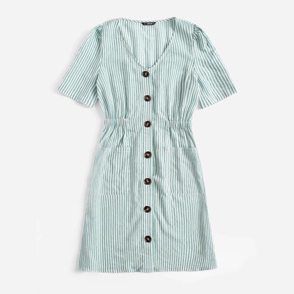 

Single Breasted Pocket Patched Striped Dress