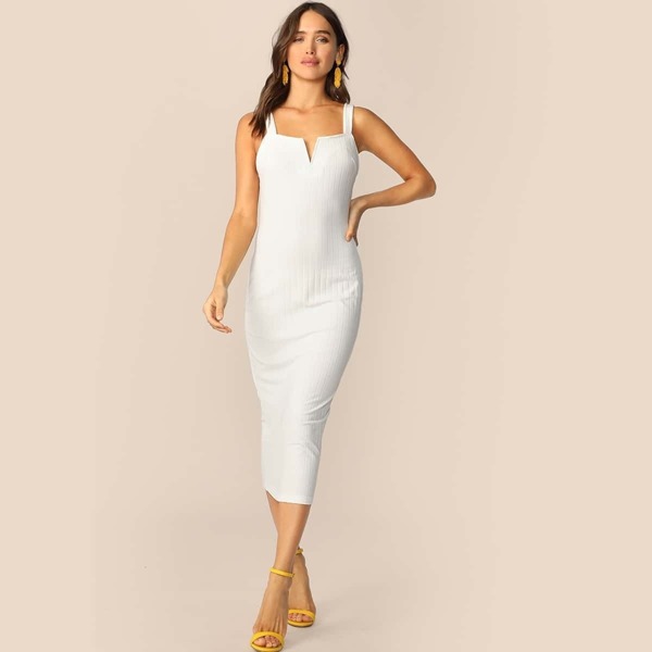 

Thick Strap V-cut Rib-knit Bodycon Dress, White