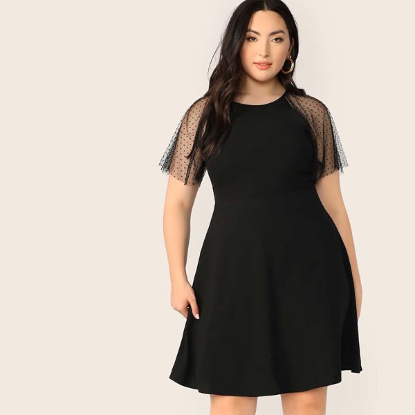 

Plus Dot Mesh Raglan Sleeve Flare Dress