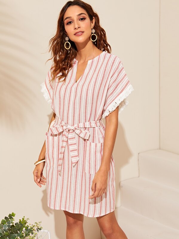 

Striped Fringe Cuff Belted Tunic Dress, Multicolor, Gabi B