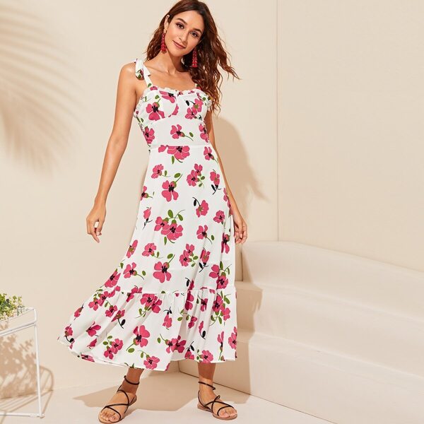 

Tie Strap Ruffle Trim Shirred Back Floral Sundress, White