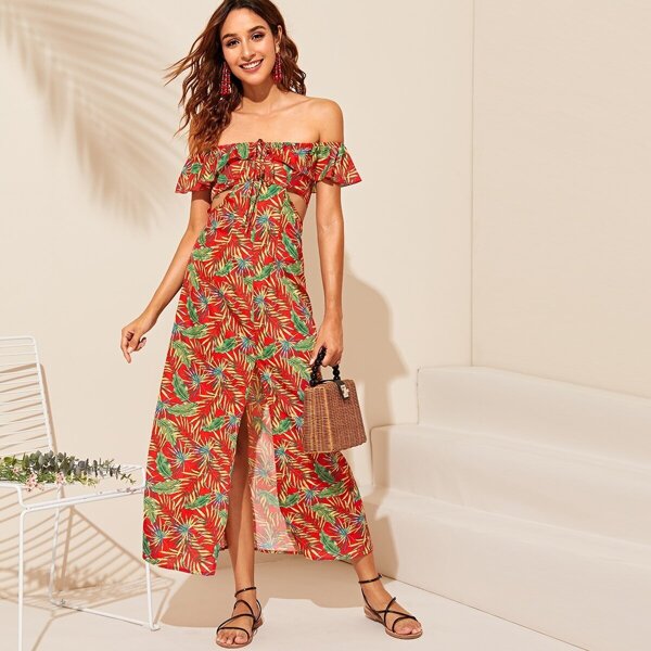

Cutout Side Ruffle Trim Split Thigh Tropical Dress, Multicolor