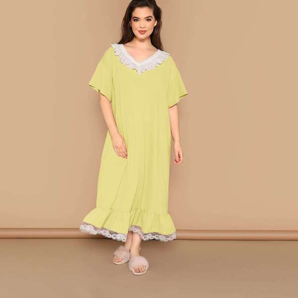 

Plus Embroidered Eyelet Ruffle Trim Nightdress, Yellow