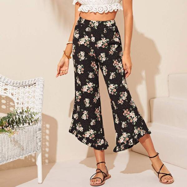 

Floral & Dot Print Ruffle Hem Flare Leg Pants, Multicolor