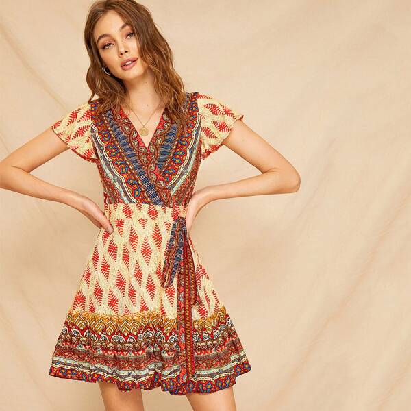 

Aztec Print Knot Side Surplice Dress, Multicolor