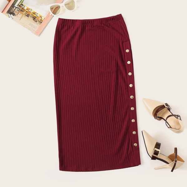 

Press Button Side Rib-knit Solid Skirt