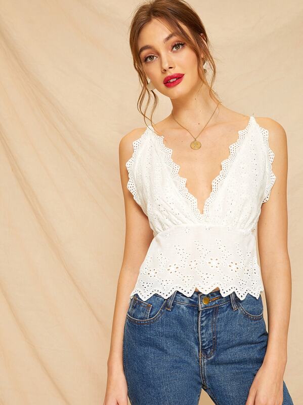 

Eyelet Embroidery Solid Cami Top, White, Kristina B