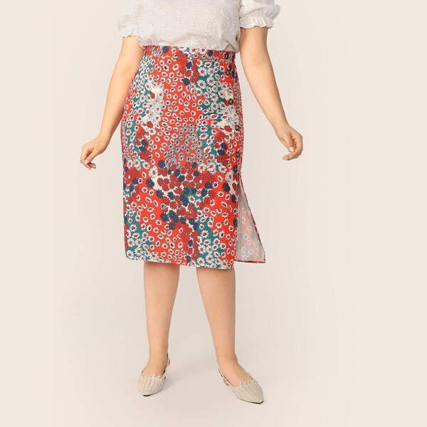 

Plus Ditsy Floral Button Side Split Skirt
