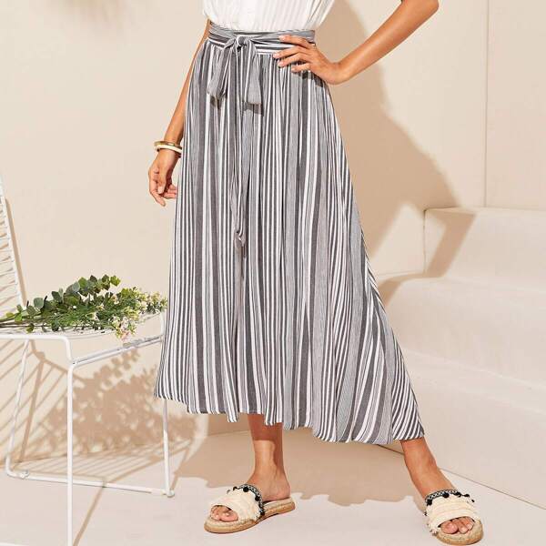 

Vertical Striped Belted Skirt, Grey