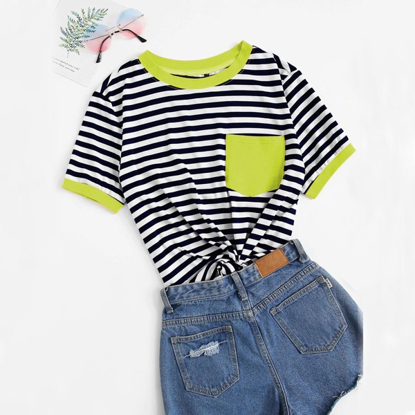 

Neon Green Pocket Patched Striped Ringer Tee, Multicolor
