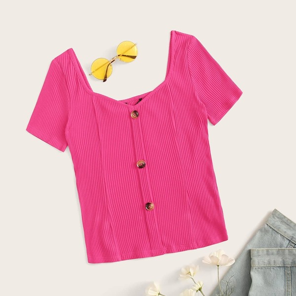 

Neon Pink Sweetheart Button Front Rib-knit Tee, Pink bright
