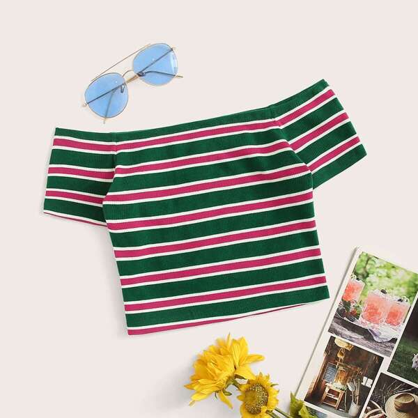 

Off Shoulder Striped Crop Tee