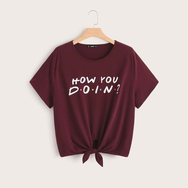 

Plus Tie Front Slogan Graphic Tee, Burgundy
