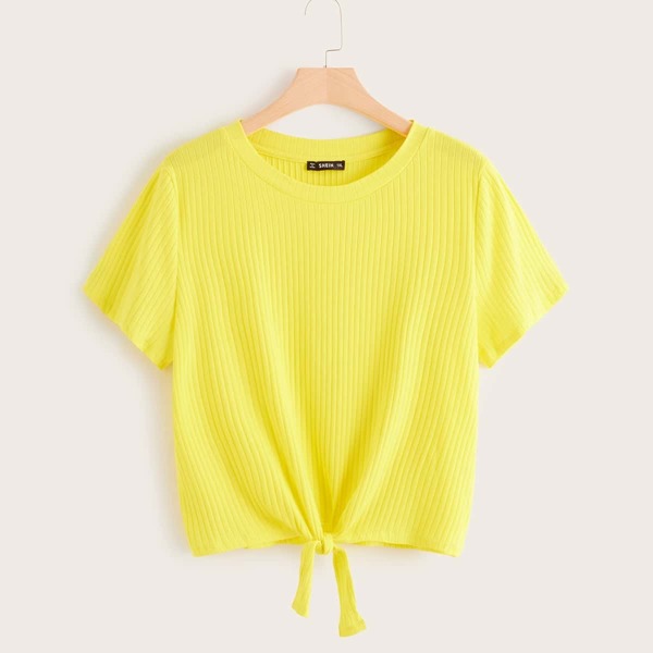 

Plus Tie Front Rib-knit Top, Yellow bright