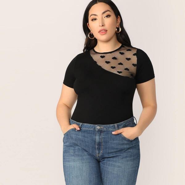 

Plus Heart Mesh Insert Slim Fitted Top, Black