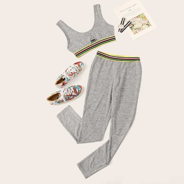 

Crop Striped Tape Peekaboo Tank Top & Leggings Set
