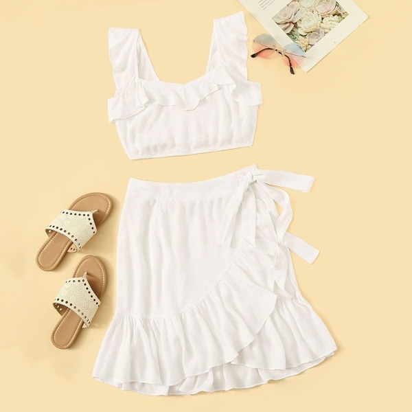 

Ruffle Trim Shirred Top & Wrap Belted Skirt Set, White
