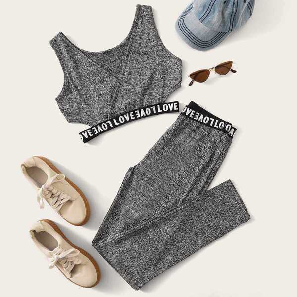 

Lettering Trim Cutout Marled Sports Bra & Leggings Set