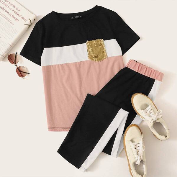 

Colorblock Sequin Pocket Patched Top & Pants Set, Multicolor