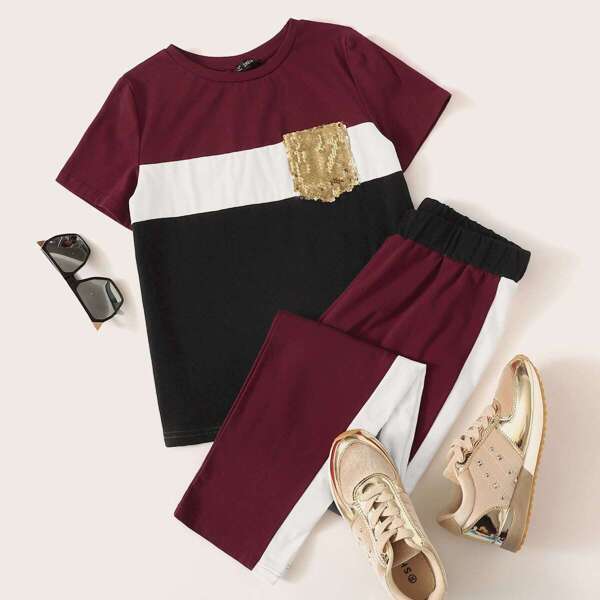 

Sequin Pocket Patched Colorblock Top & Pants Set, Multicolor