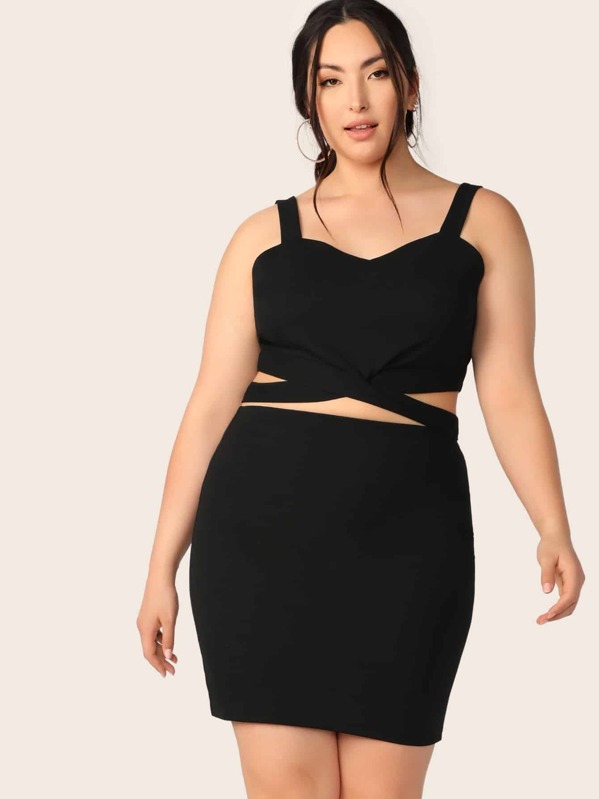 

Plus Crisscross Hem Tank Top & Skirt Set, Black, Yumi