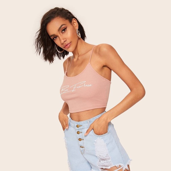 

Letter Print Rib-knit Crop Cami Top