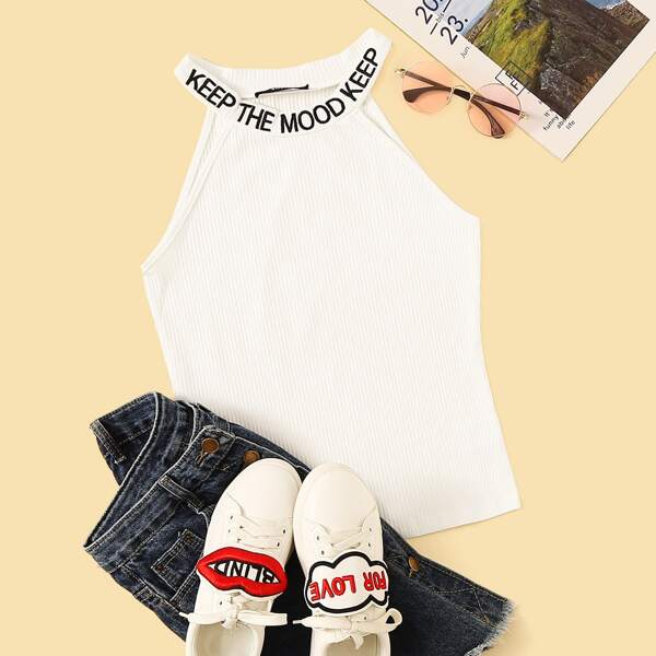 

Letter Print Neck Rib-knit Vest