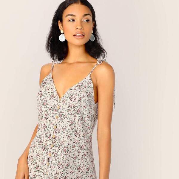 Ditsy Floral Tie Shoulder Button Up Dress, White